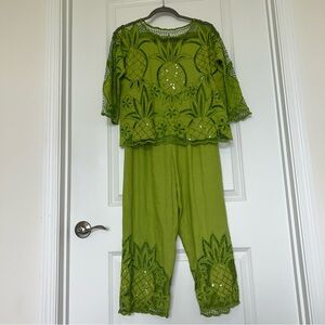 Faith linen blend embroidered Beaded Pineapple Two-Piece Set in Lime Green S/M